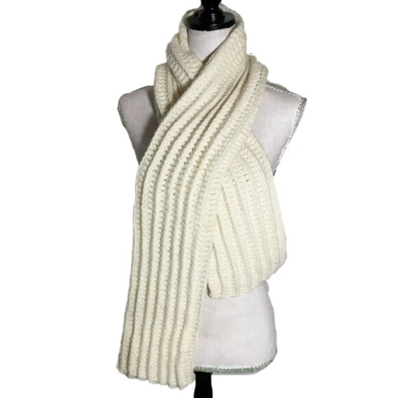NWOT Anne Klein Chunky Crochet Scarf Off White Wool Blend Vertical Rows - Picture 1 of 5